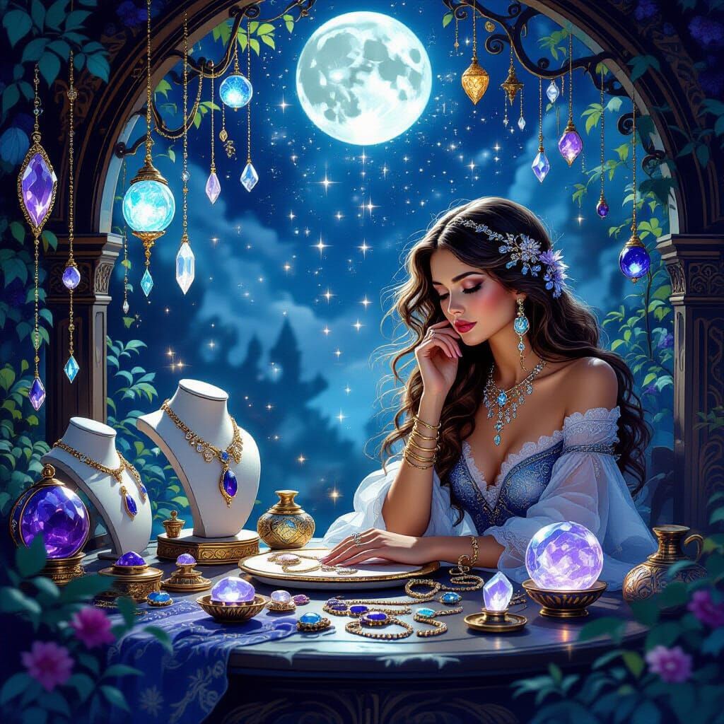 Ethereal Fantasy Jewelry Shop in Moonlight, Art Nouveau Styl...