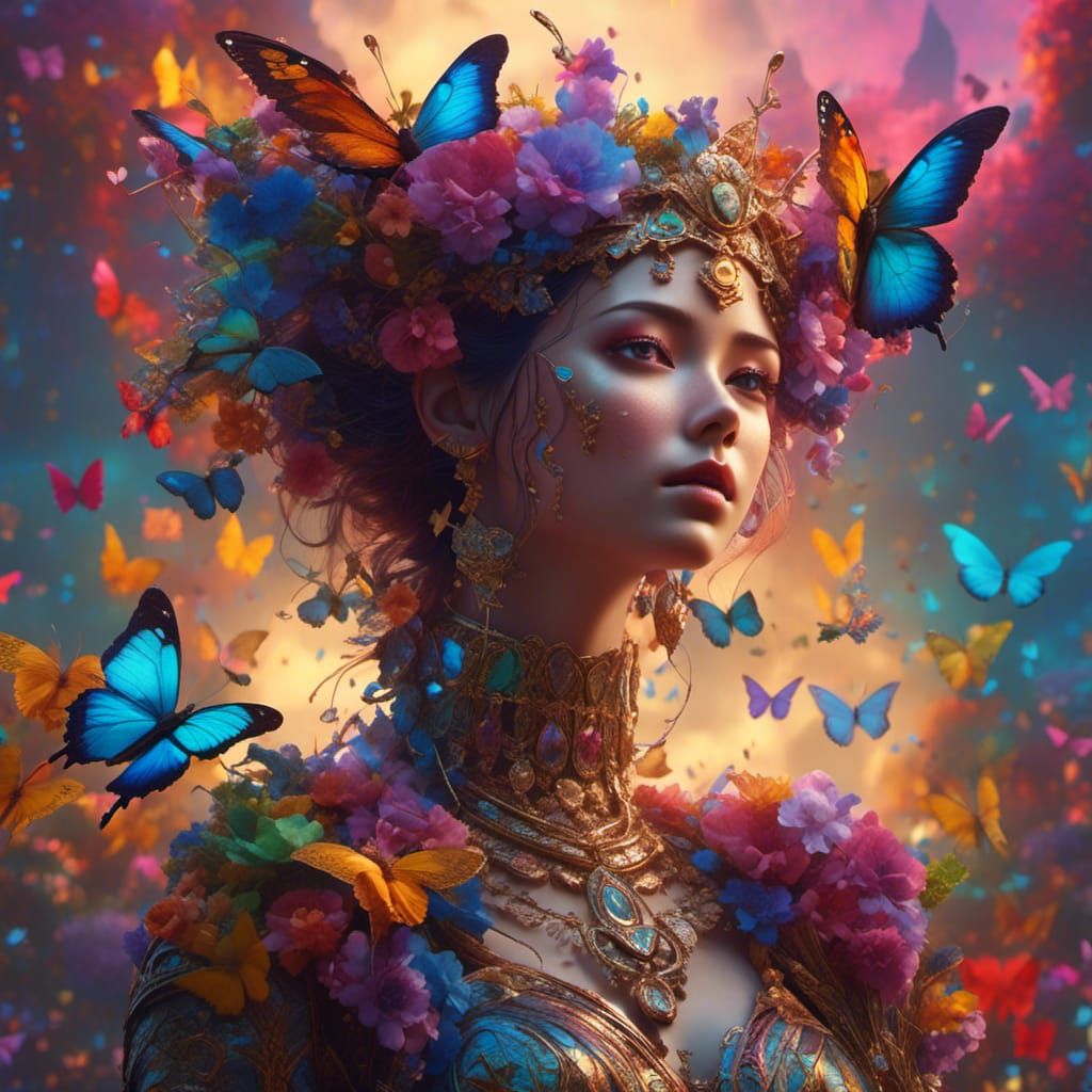 Rainbow Goddess with Butterflies: Detailed Matte Painting