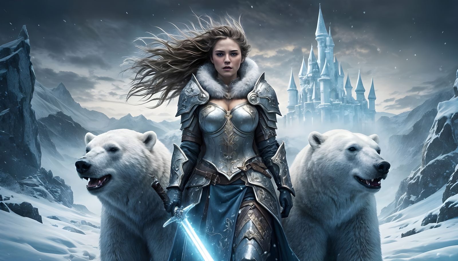 Warrior Queen in Winter Wonderland, Flanked by Polar Bears