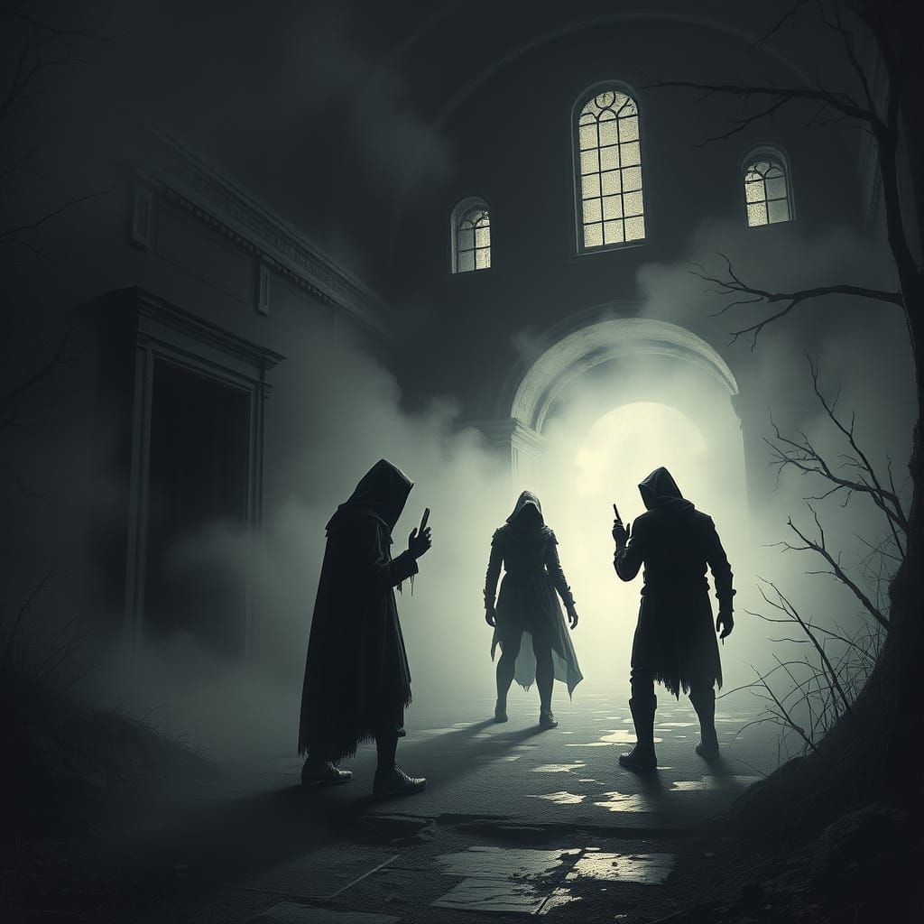 Eerie Figures Investigate Asylum in Haunting Engraving Style