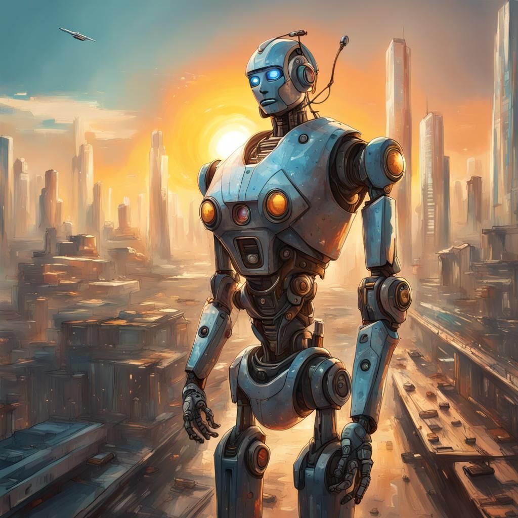 Robot Longing for the Sun in Futuristic City