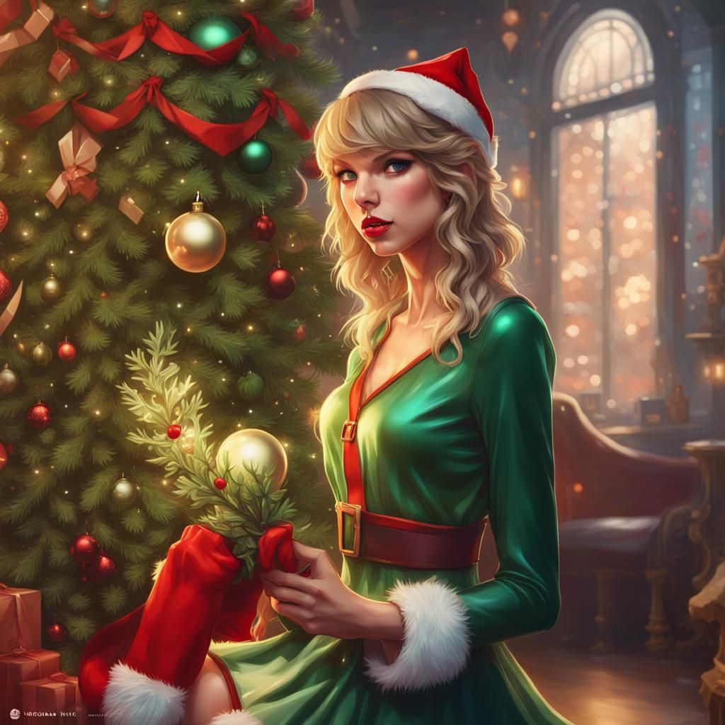 Taylor Swift as Christmas Elf, Digital Art Portrait