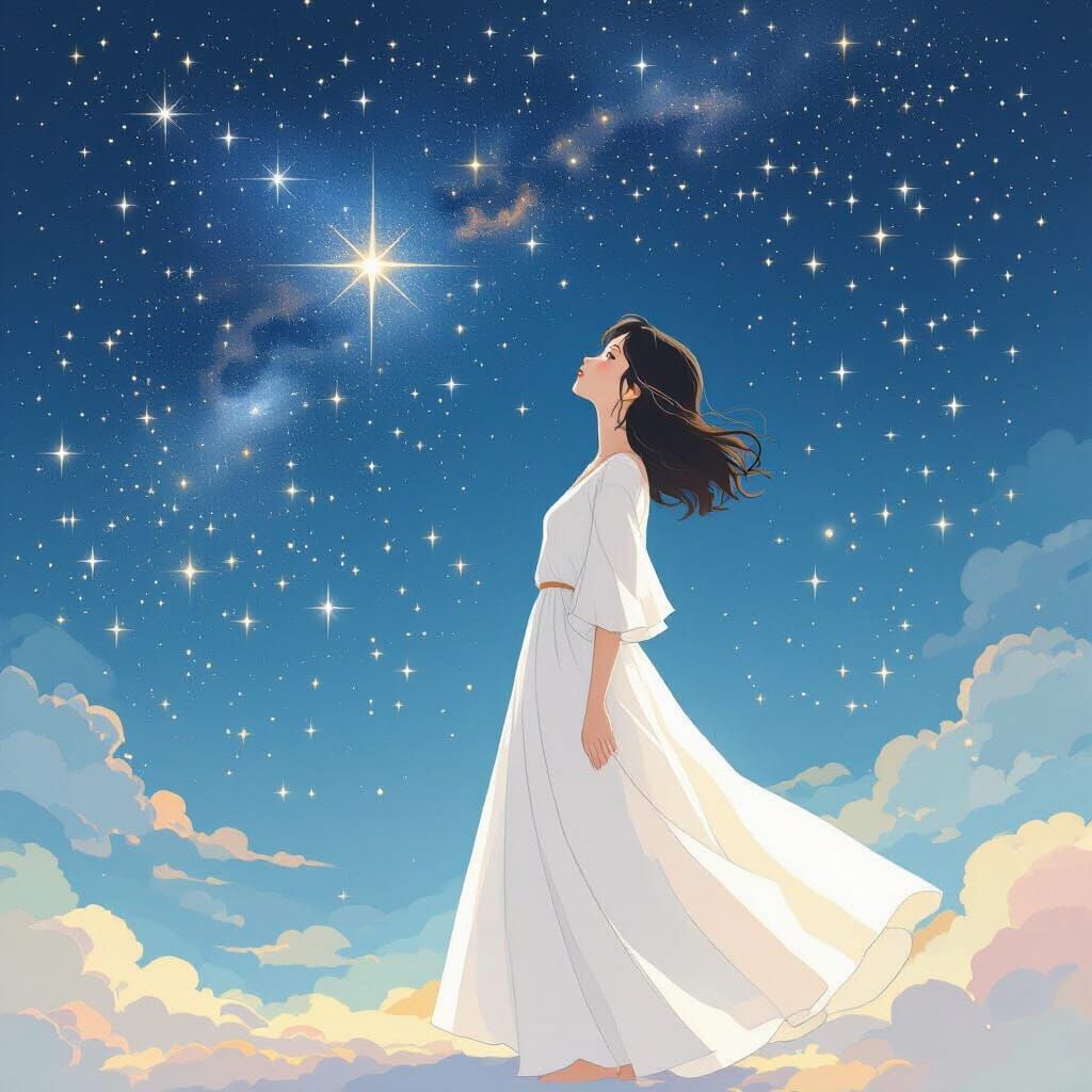 Woman Gazing at Starry Universe in Whimsical Style