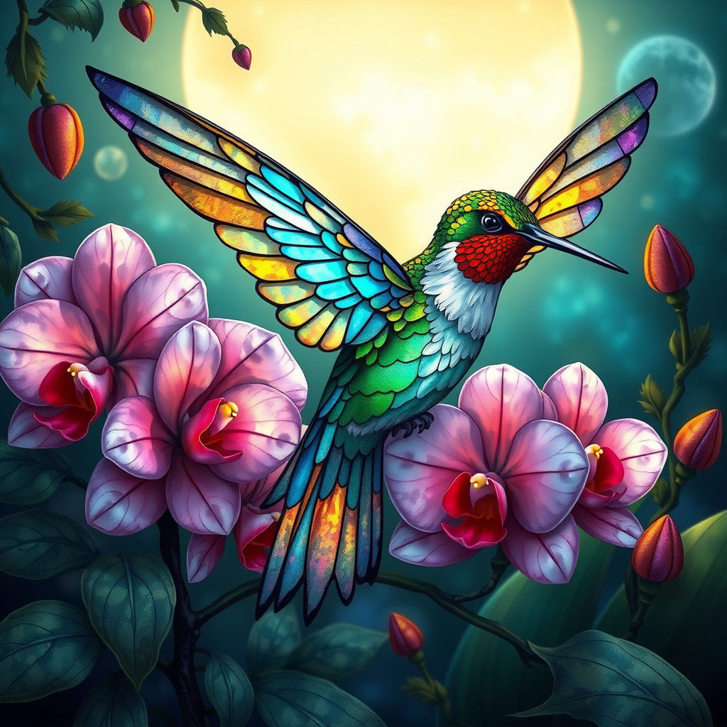 Hummingbird in Moonlit Garden: Art Nouveau Illustration