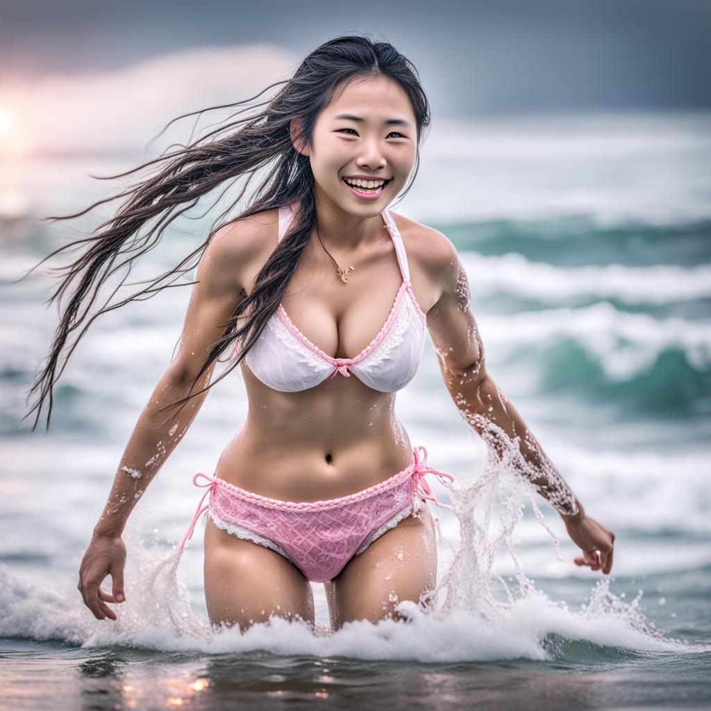 Cute Fox Girl Walking in Ocean Surf