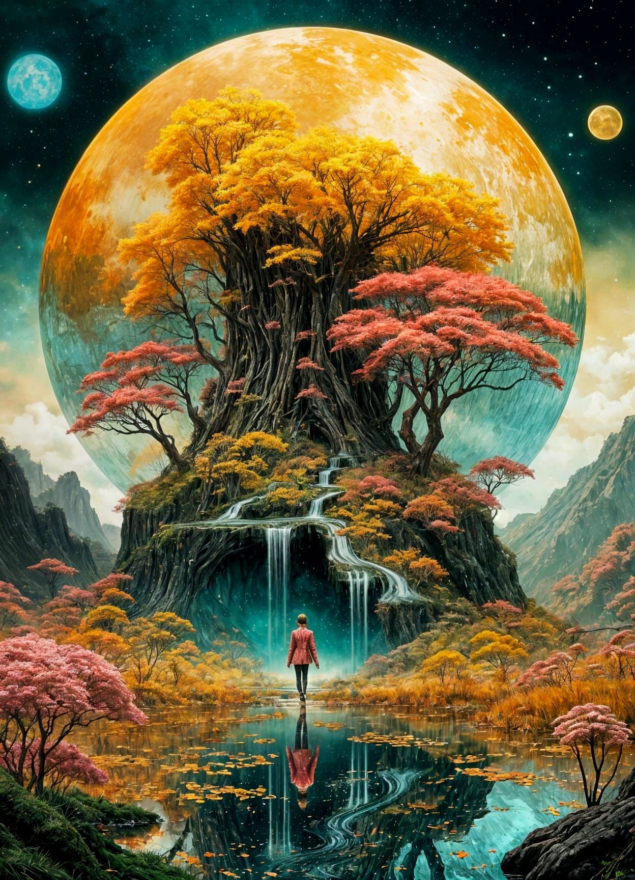 Gold Marble Anime Garden in Watercolor Style