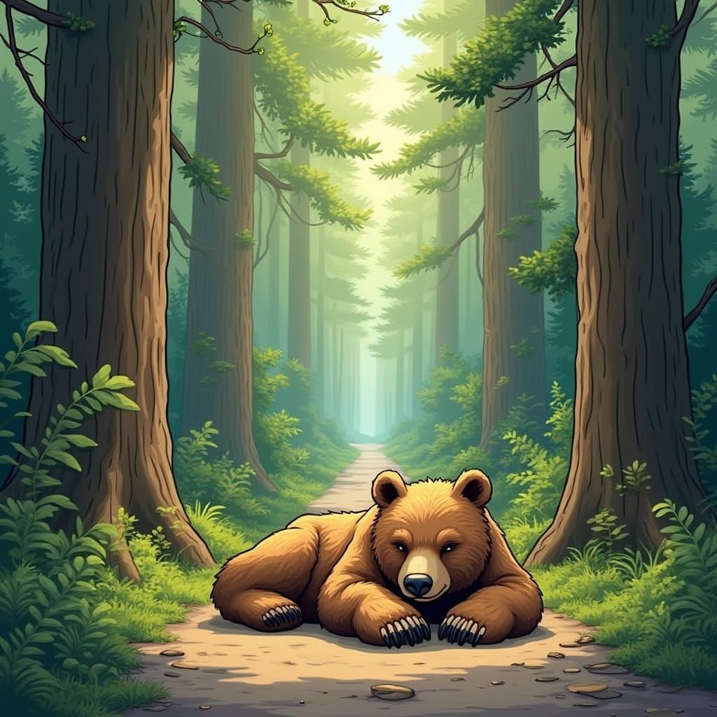 Sleepy Grizzly Bear in Whimsical Fantasy Style