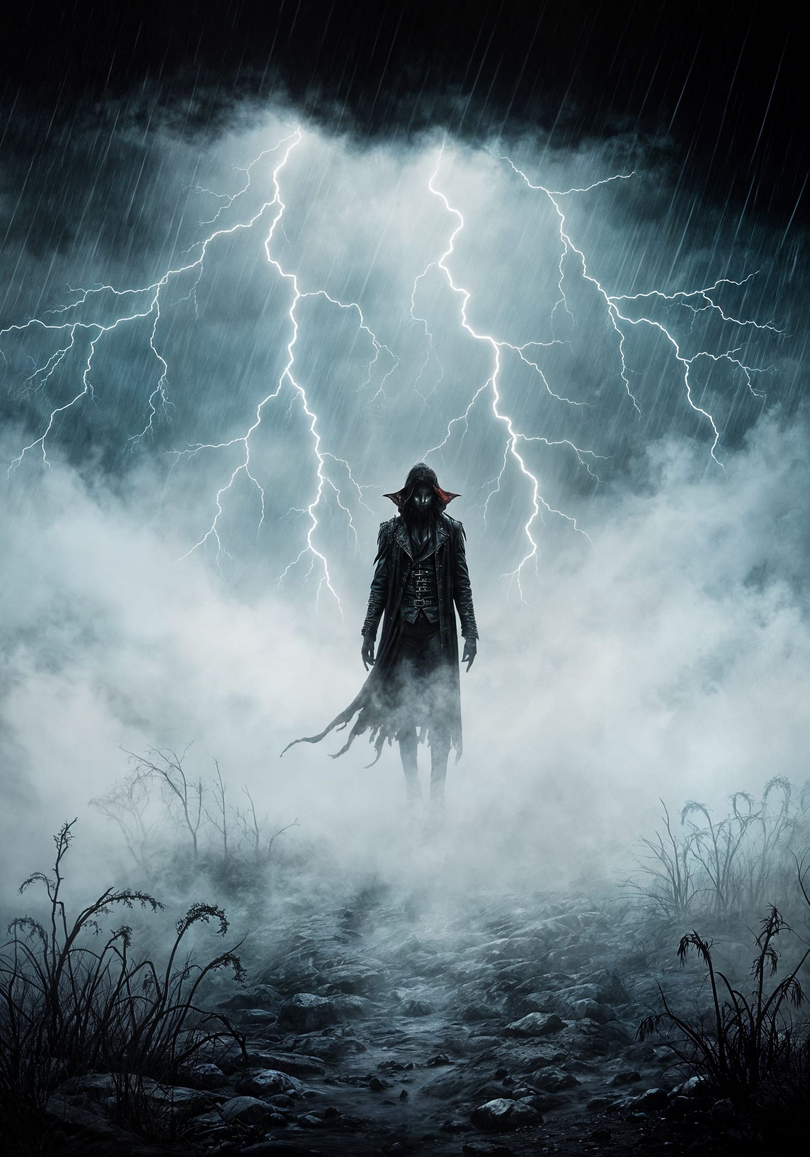 Vampire in Ethereal Mist During Summer Storm