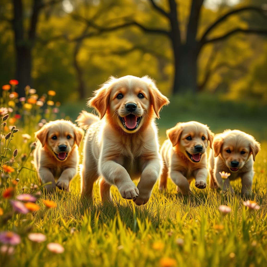 Golden Retriever Puppies Play in a Lush Meadow