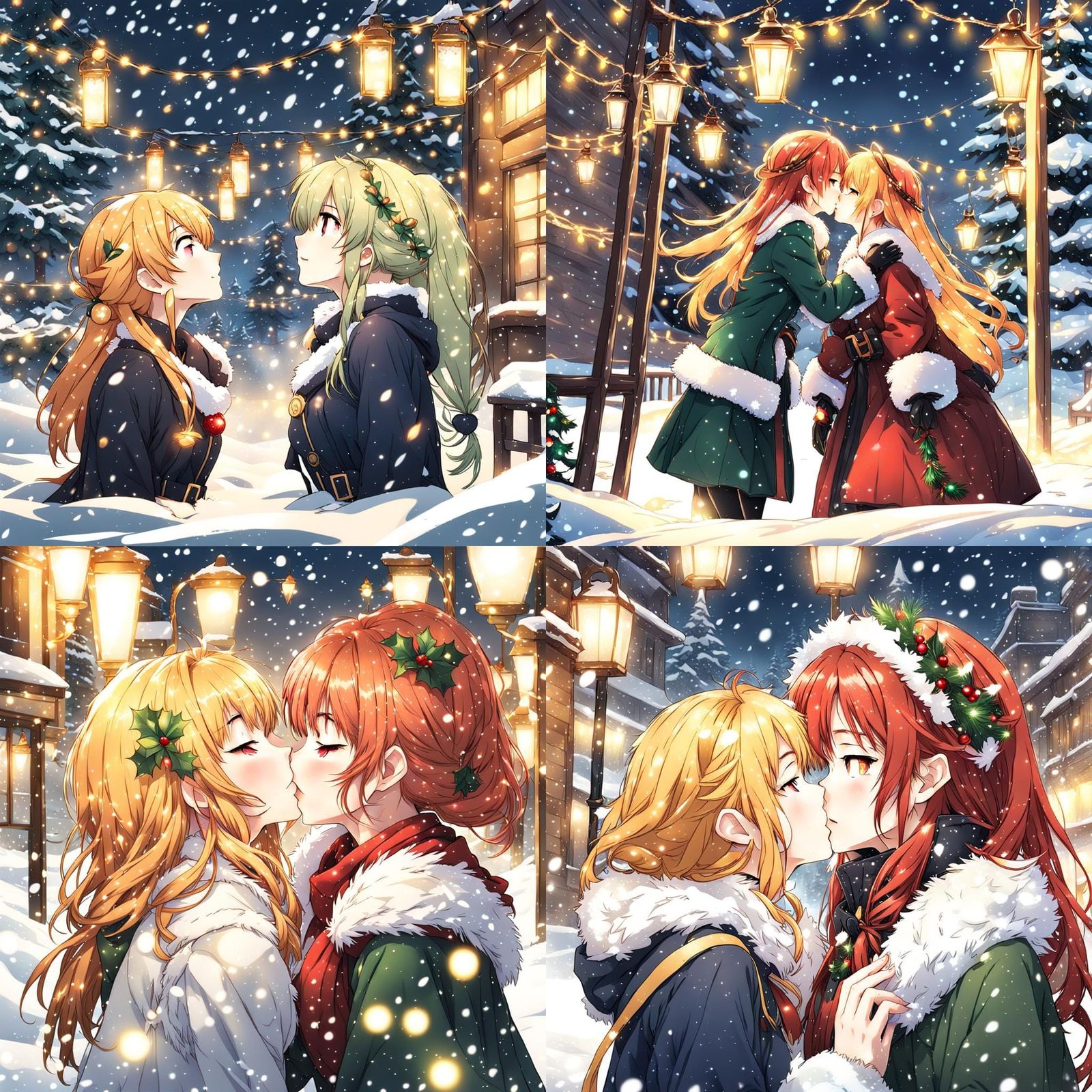 Anime Girls Kissing in Snowy Christmas Lights