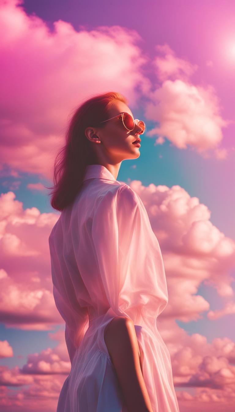 Woman in Vaporwave Style Bathed in Sunlight