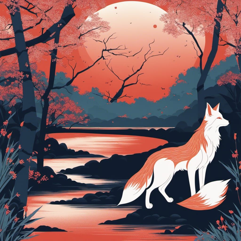 Minimalist Kitsune in Moonlit Bamboo Grove