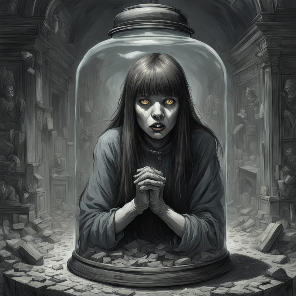 Girl Trapped in Time Jar, Horror Illustration