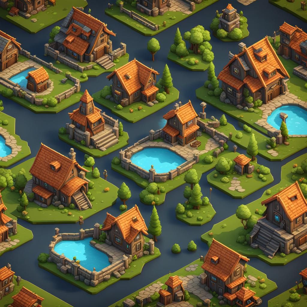 Isometric Houses for Gaming Assets in Matte Painting Style