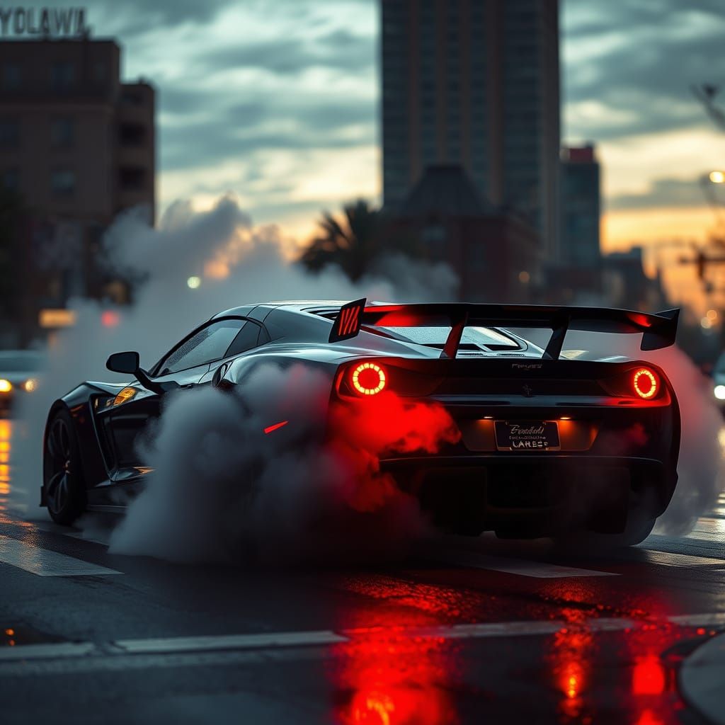 Sleek Black Sportscar Burnout on Wet City Street