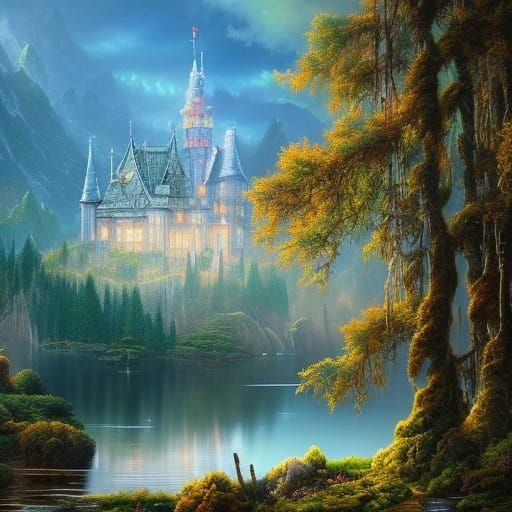 Fairytale Castle in Lake: Hyperdetailed Gothic Architecture