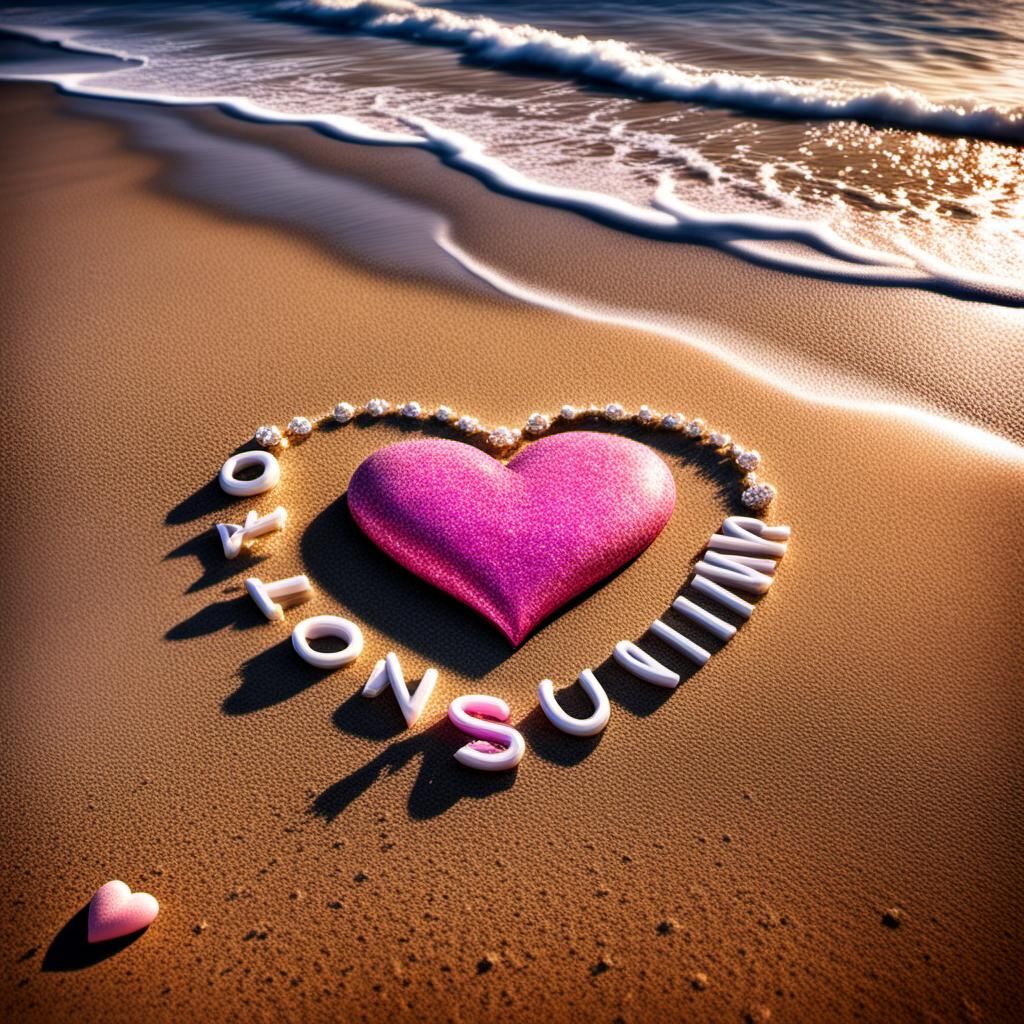 Romantic Beach Scene with Pink Heart and Diamonds
