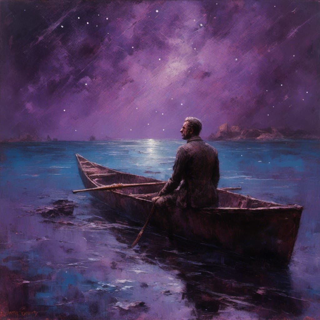 Man in Boat Gazing at Starry Night Sky