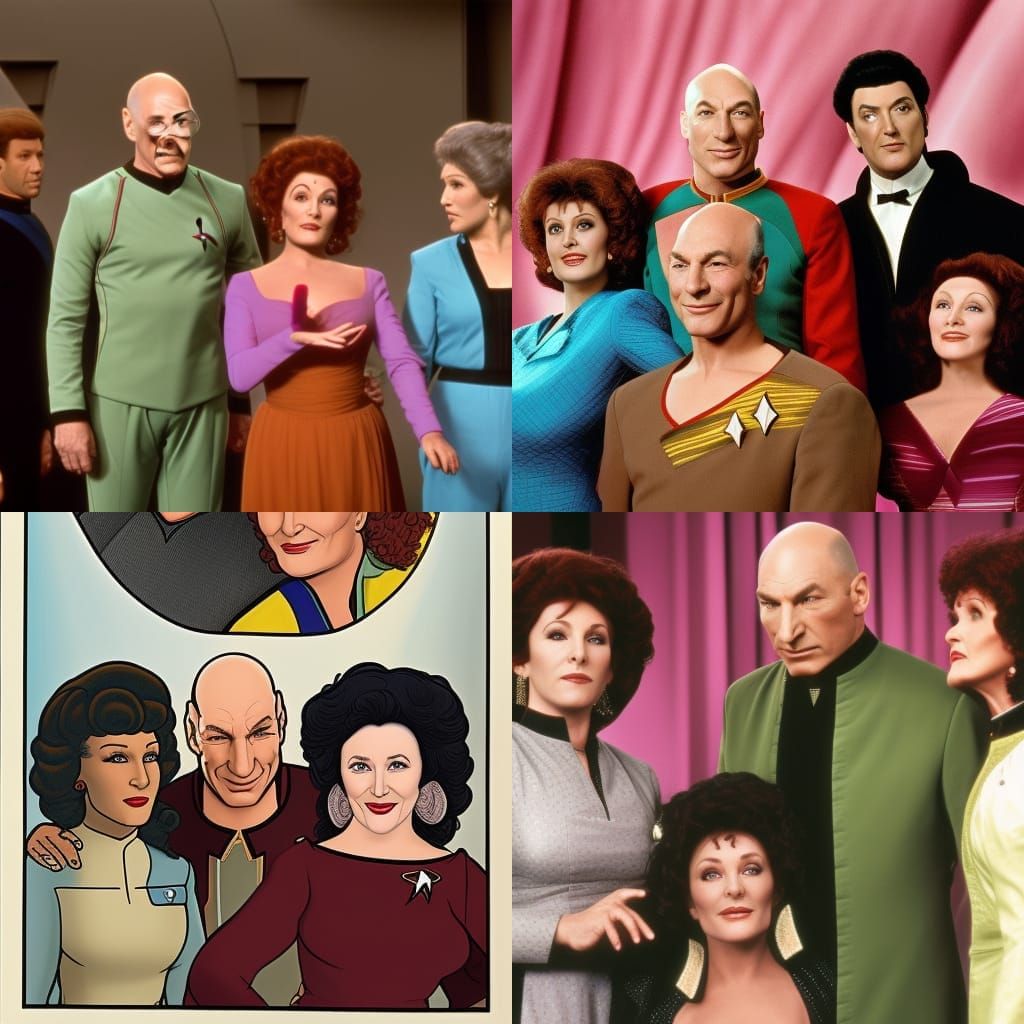 Jean-Luc Picard, Lwaxana Troi, and Q.