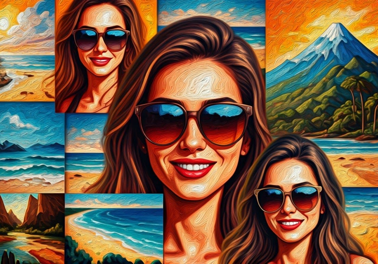 Vibrant Women in Sunglasses Amidst Dreamlike Landscapes