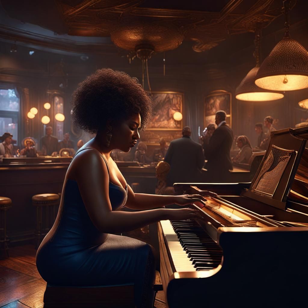 Jazz Bar Scene with Piano Player: Dark Fantasy Art