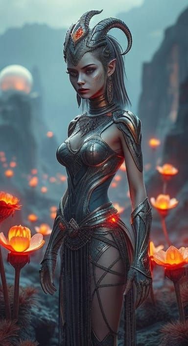 Alien Female in a Bioluminescent Alien Landscape