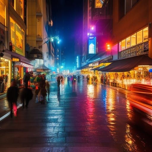 Vibrant Nightlife: Hyperrealistic Urban Street Scene