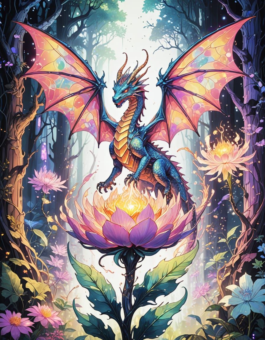 Celestial Dragon in Bioluminescent Forest, Anime Style