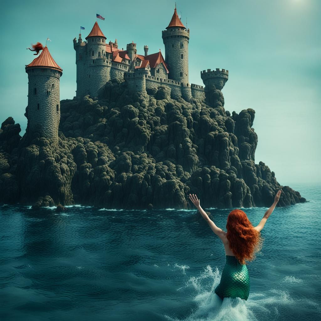 Bronze Castle and Mermaid in Ocean: Cinematic Still