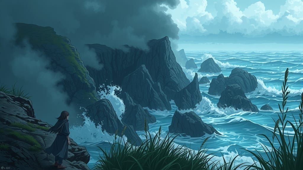 Anime Sea Cliff Storm: Crashing Waves and Dark Clouds