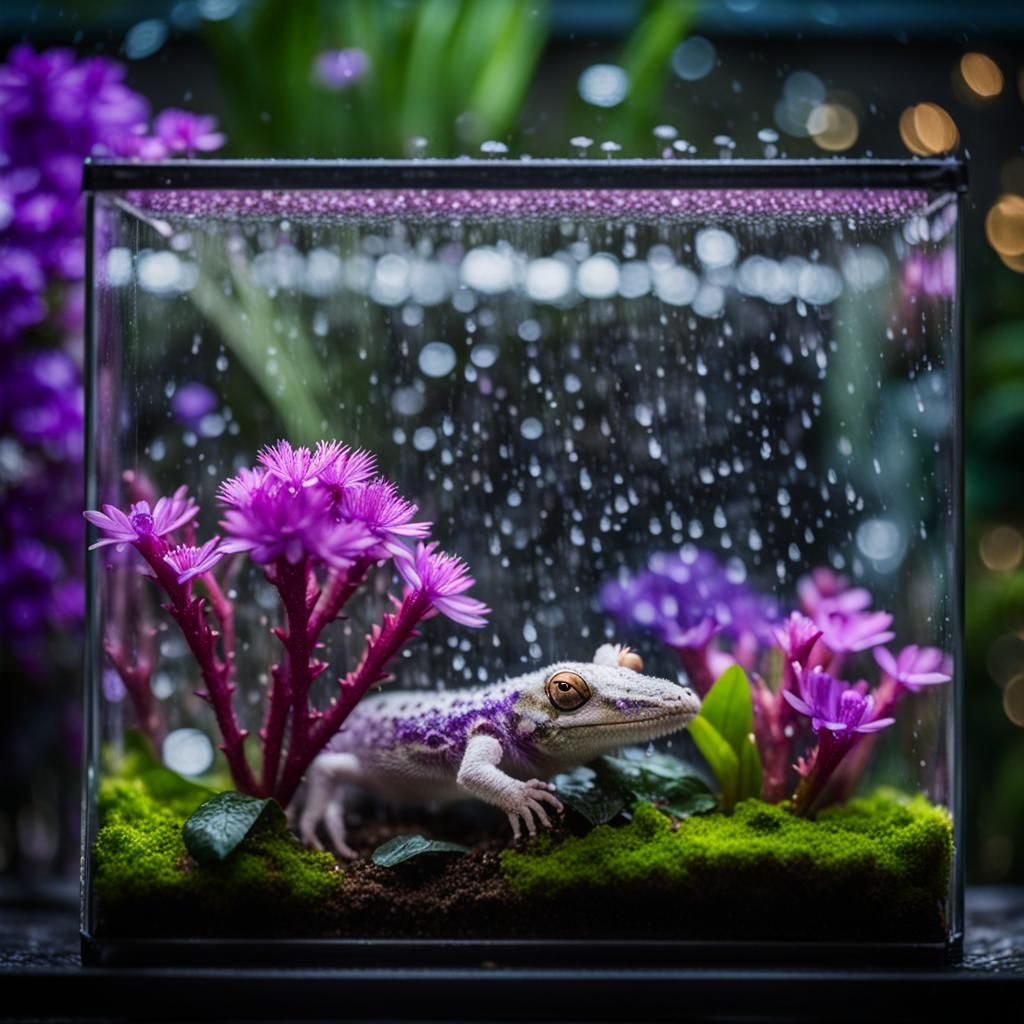 Mini Jungle in Glass Box with Sleeping Axolotl