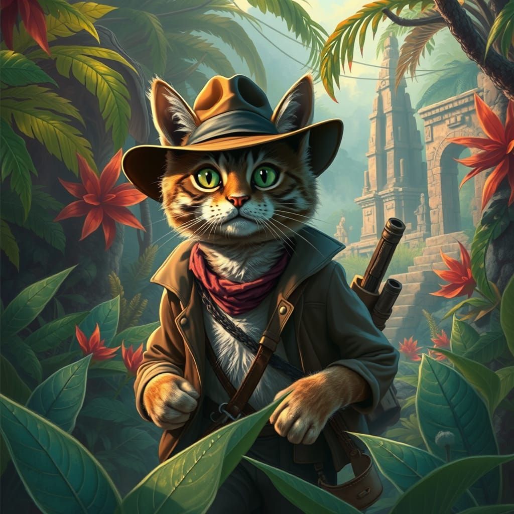Cat as Indiana Jones in Vibrant Jungle Art