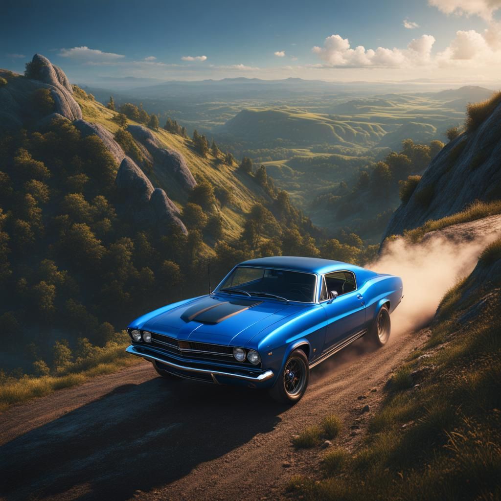 Blue Car Ascends Hill: Matte Painting Style