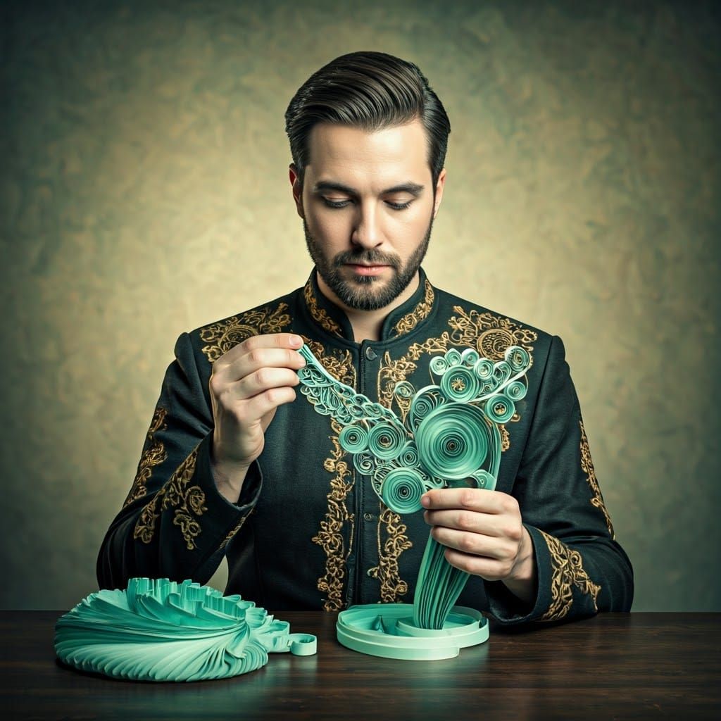 Ornate Man Quilling Intricate Design in Japanese Art Style
