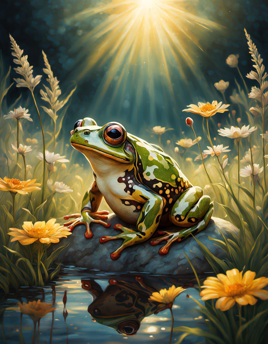 Golden Frog Amidst Wildflowers in a Dreamy Meadow