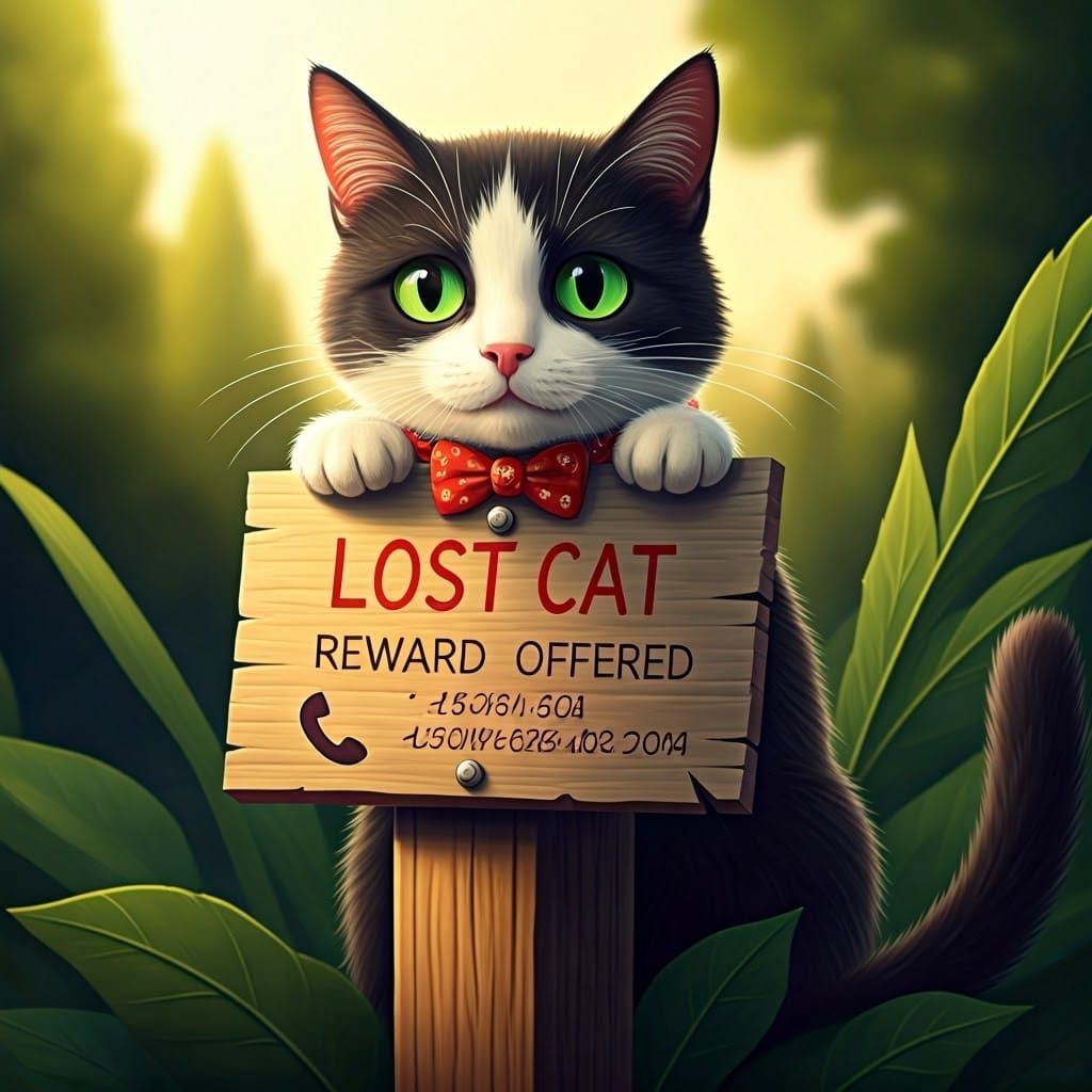 Whimsical Lost Cat Sign with Tuxedo Feline