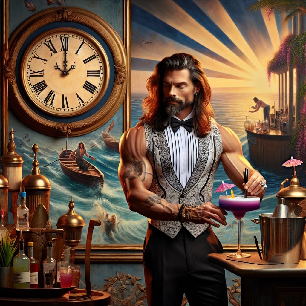 Handsome Bartender Serves Cocktails, Surreal Seascape Backdr...