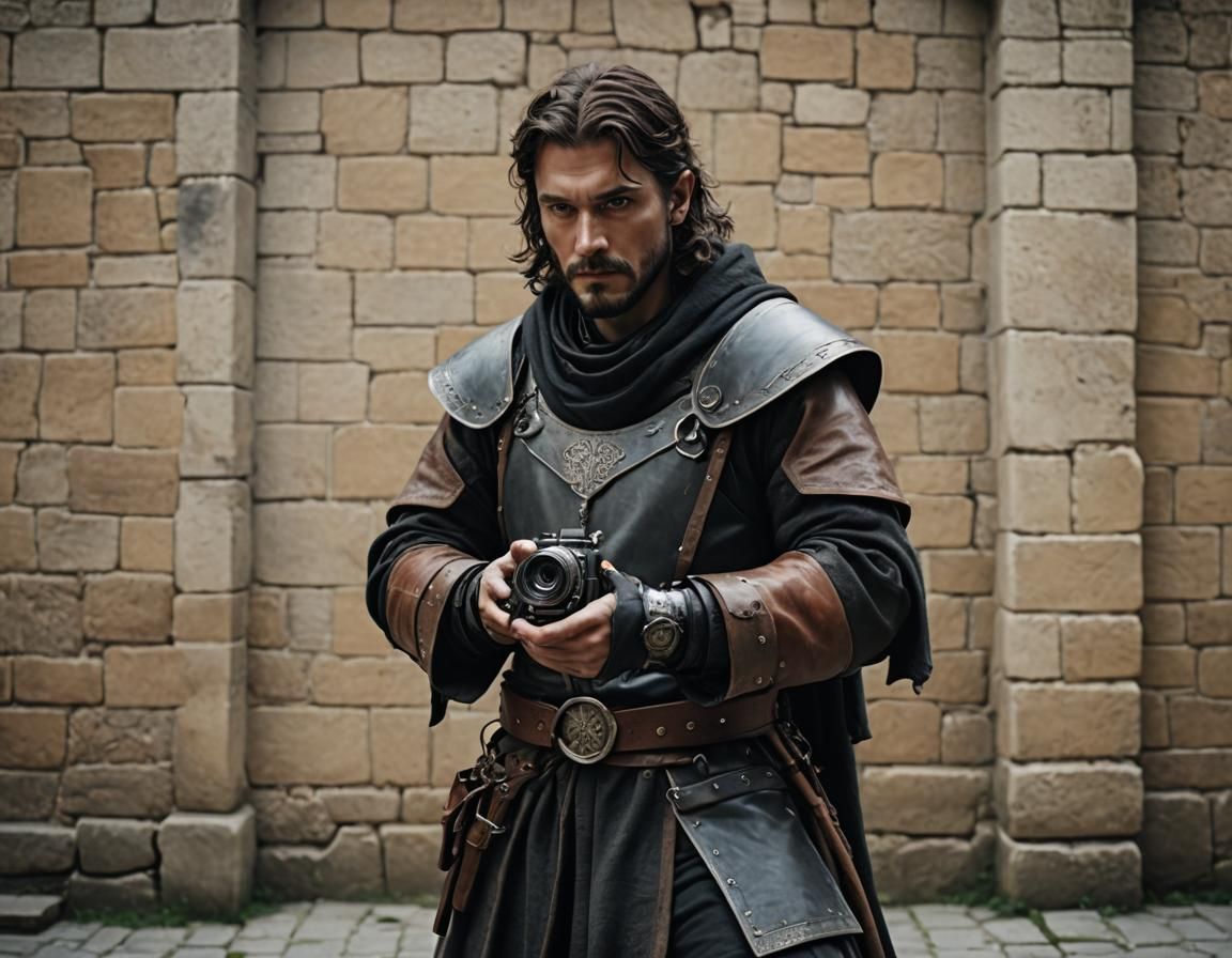 Medieval Person Holding Cyber Artifact