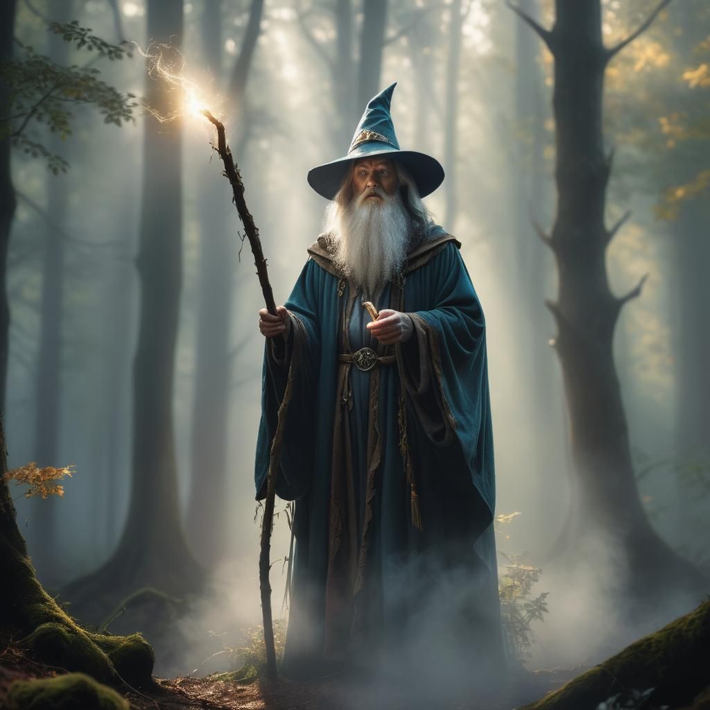 Wizard Practicing Magic in Misty Forest: Cinematic Still