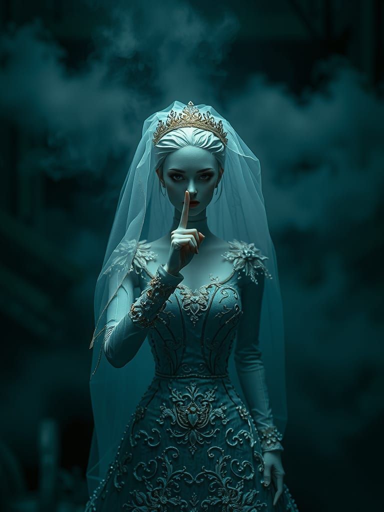 Ominous Mannequin Bride Emerging from Misty Mirror