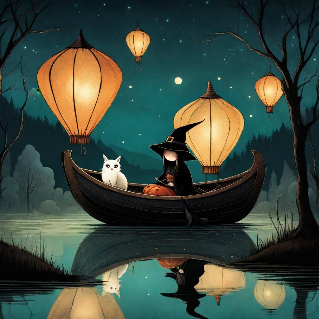 Gothic Witch with Pets on Lake at Night