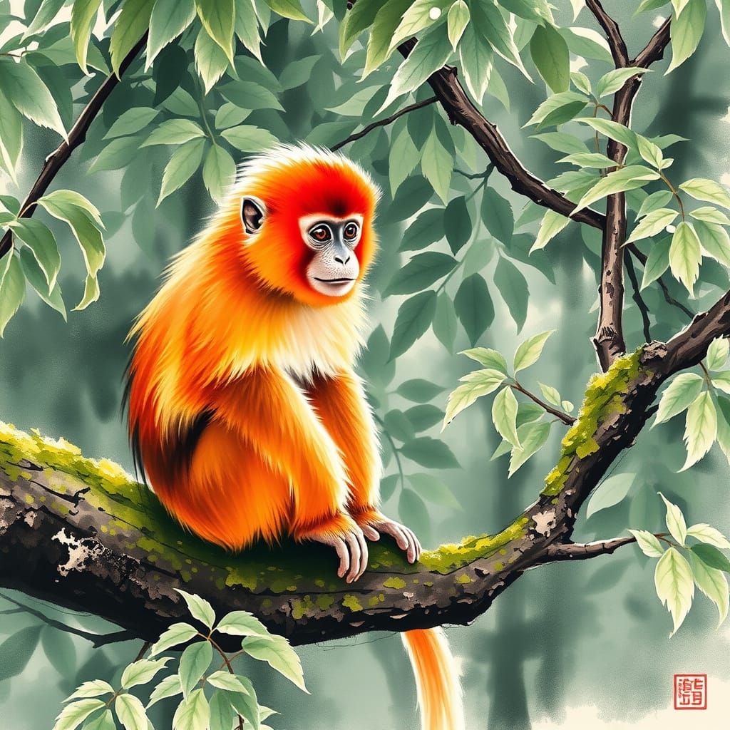 Close-up of a red-headed monkey sitting on a moss-covered branch, Chinese ink painting