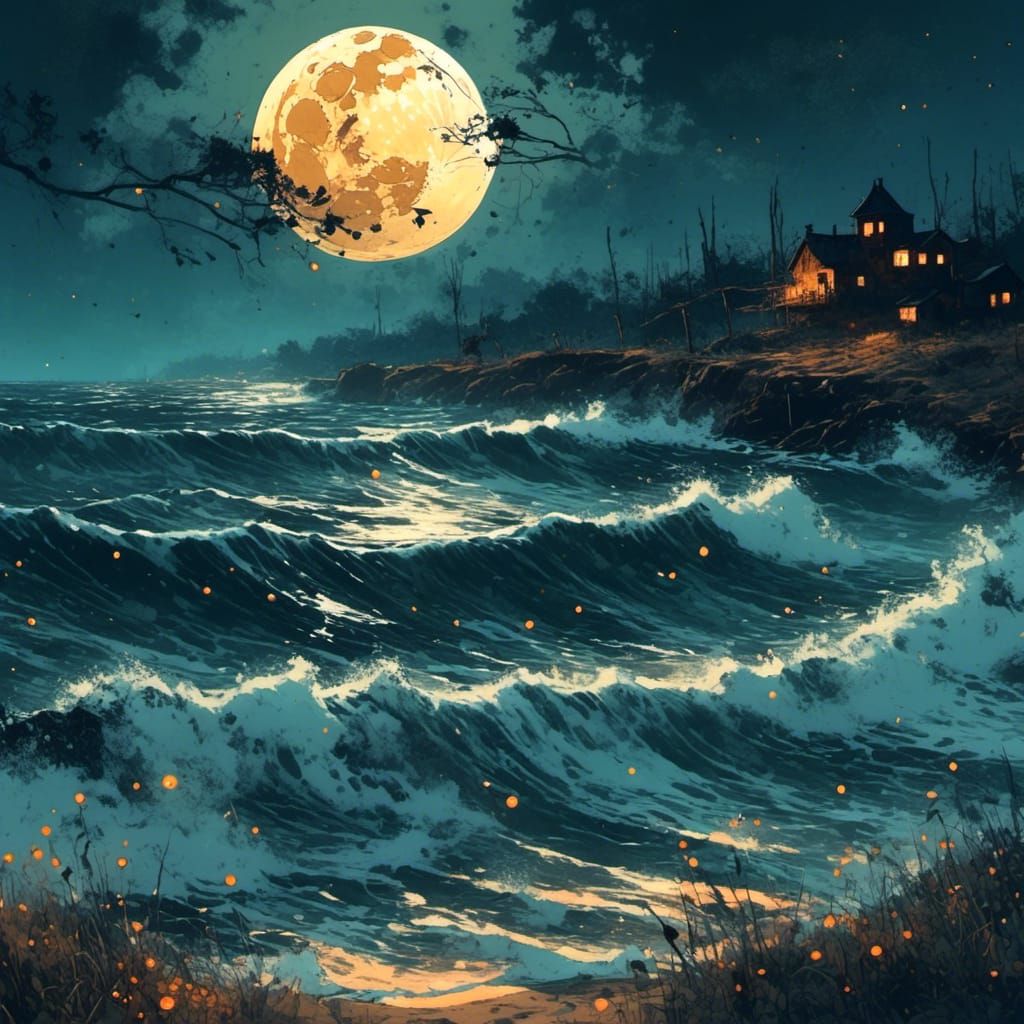 Moonlit Ocean Waves in Glowing Style