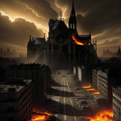 Dark Post-Apocalyptic Notre Dame Cathedral in a Desolate Par...