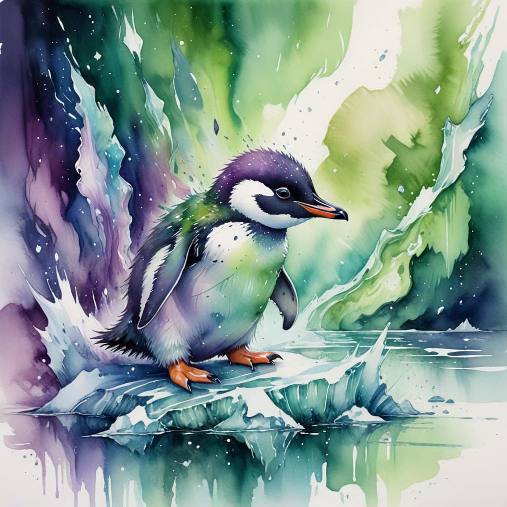Penguin Chick Under Northern Lights in Watercolour Style
