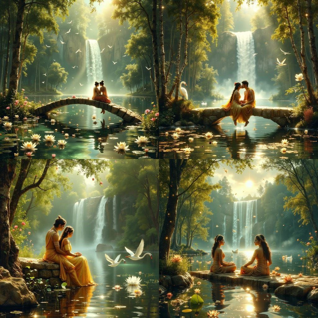 Divine Radha Krishna on Stone Bridge in Magical Forest