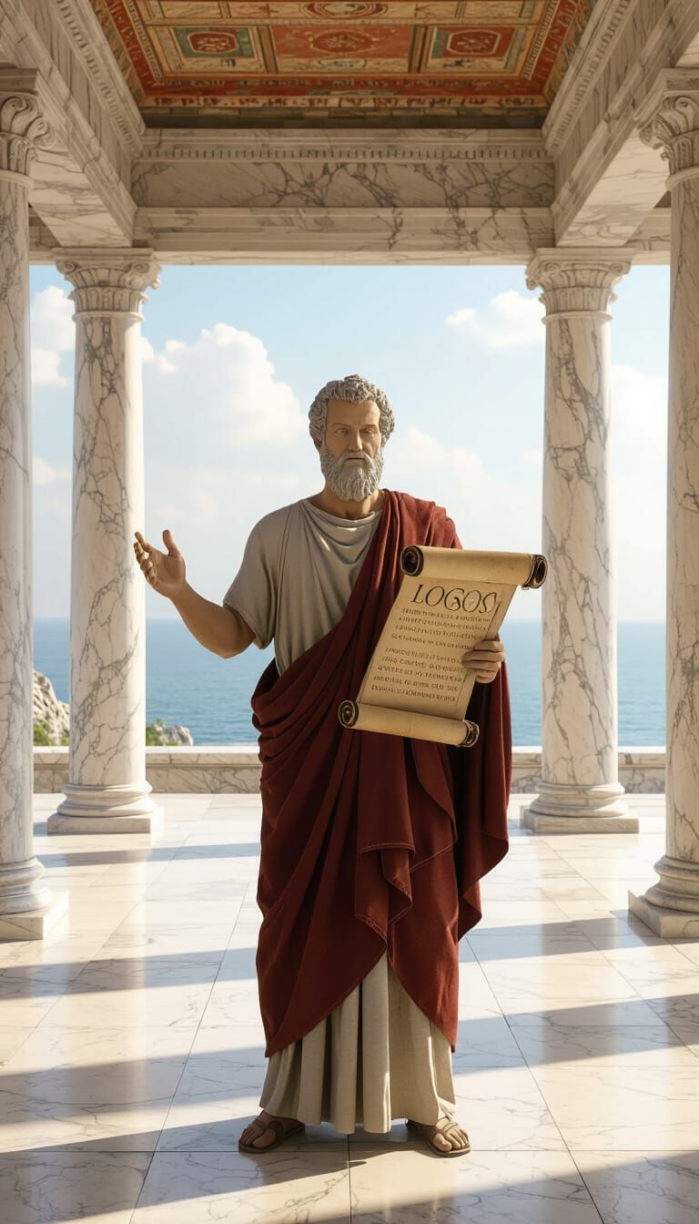 Stoic Teacher Lecturing in Marble Academy