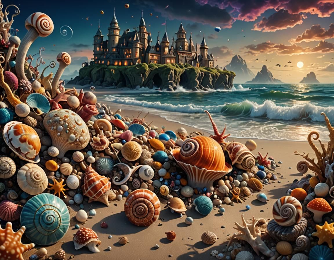Surreal Shore Landscape with Exotic Sea Creatures