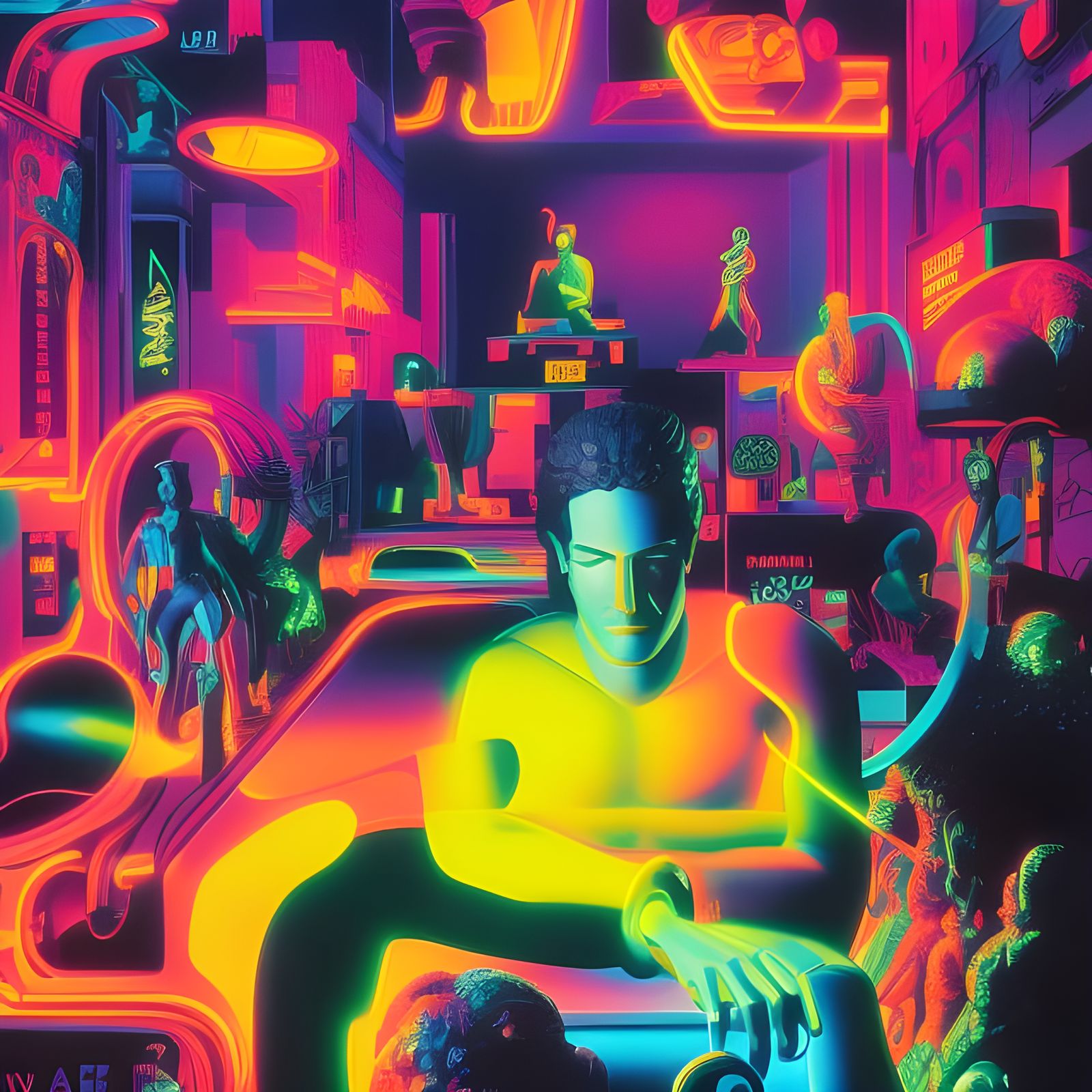 Electric Neon Male Figure in Psychedelic Comic Style