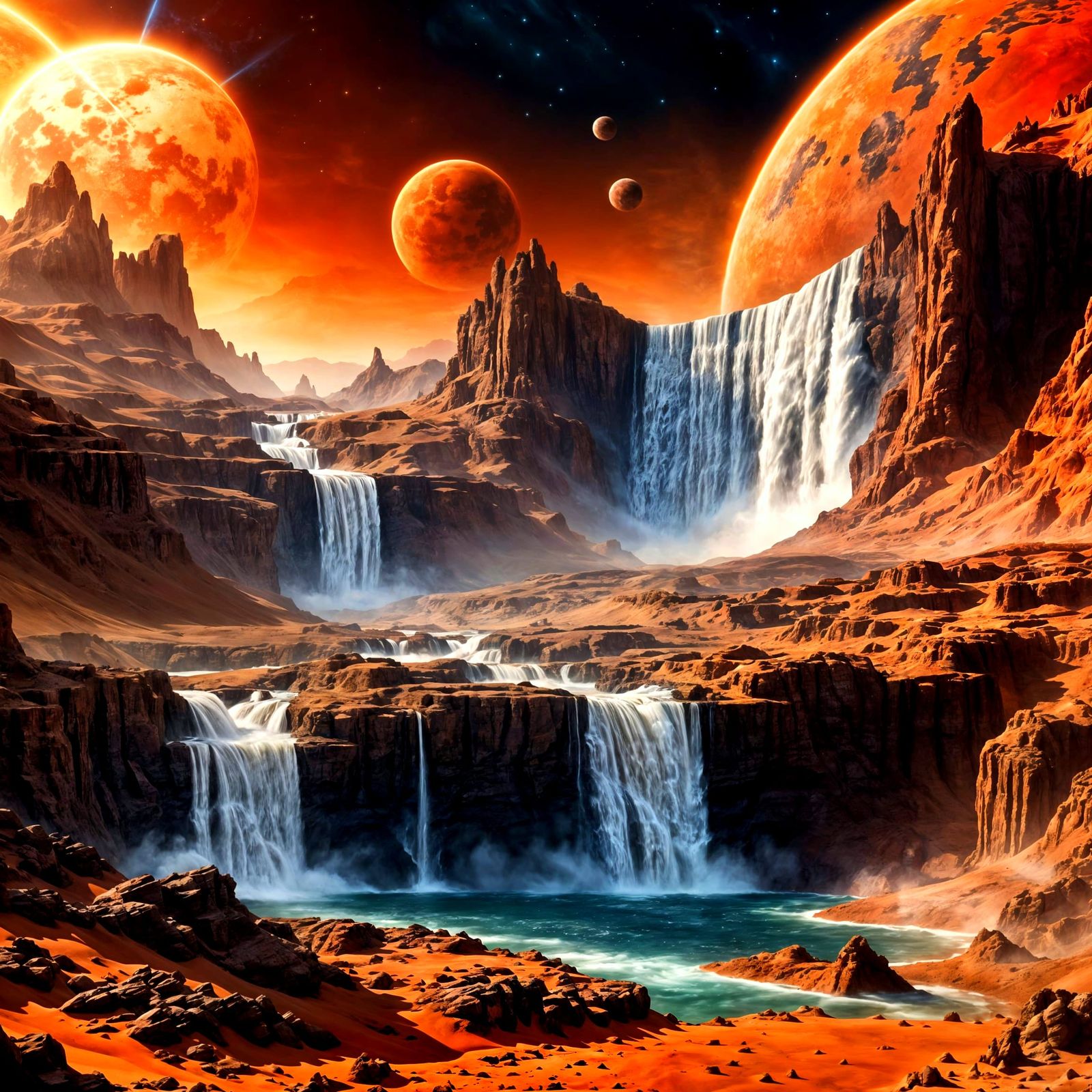 Martian Waterfall with Planets: Digital Matte Painting